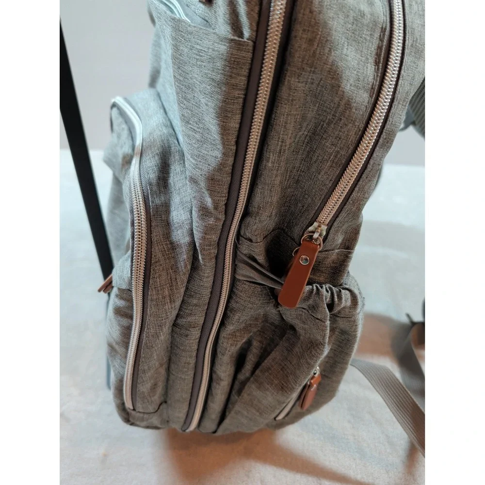 Trend Lab Gray Diaper Bag Backpack‎ Heathered Fabric Brown Trim 178-60771
